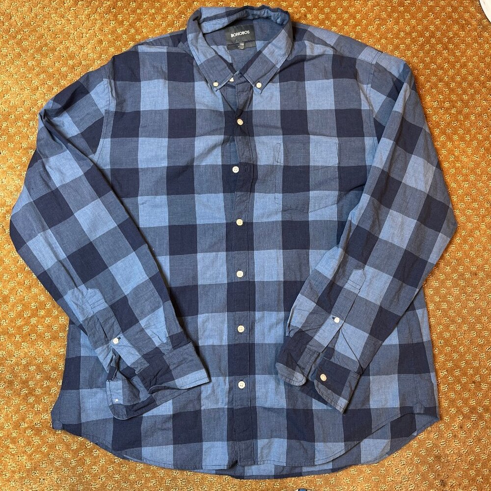 Bonobos Men's Blue Buffalo Plaid SZ XXL Slim Fit Dress Button Down Casual Work